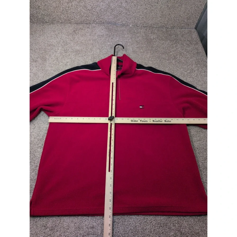 Tommy Hilfiger Mens XL Red Quarter Zip Fleece Pullover Navy White Stripe Vintage